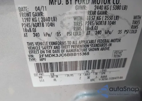 2011 Ford Edge Sel z USA, uszkodzony, nr VIN 2FMDK3JC6BBB15365